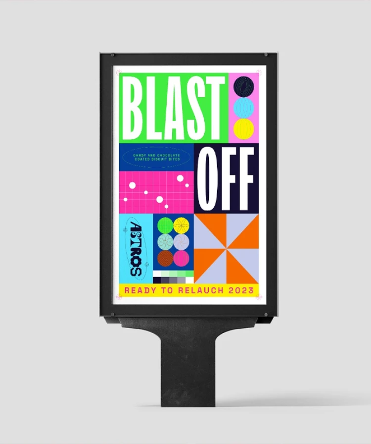 Bright and playful mockup of poster design for a  candy company inspired by the graphic design trend chaotic maximalism.