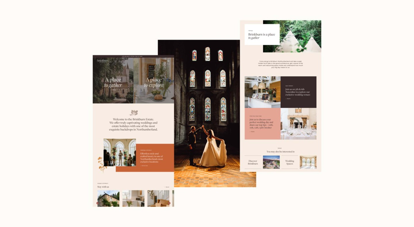 Landing page mockups of a bespoke website that we designed for a wedding, holidays and events venue in Northumberland; featuring photogarphy, illustration, typography and graphic elements. 