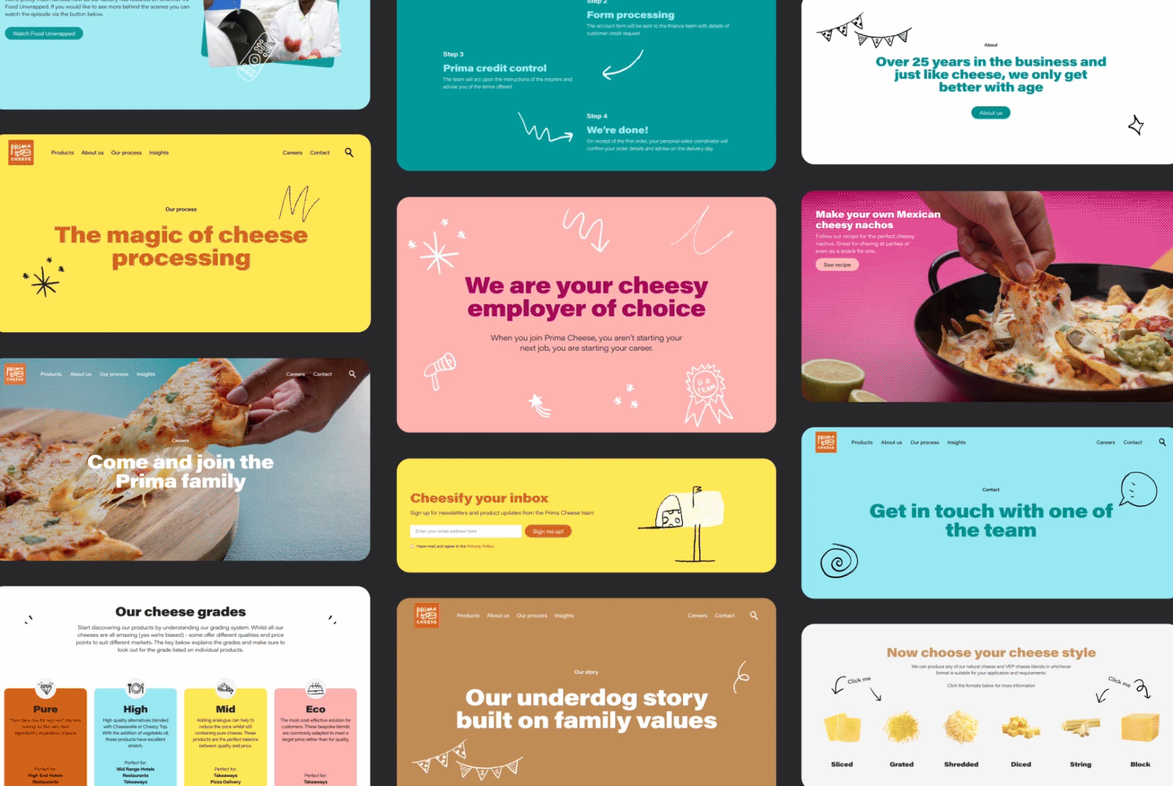 Mockups of a website that we designed for a global cheese supplier, the website features bespoke illustrations, animated elements, typography and a playful colour palette.