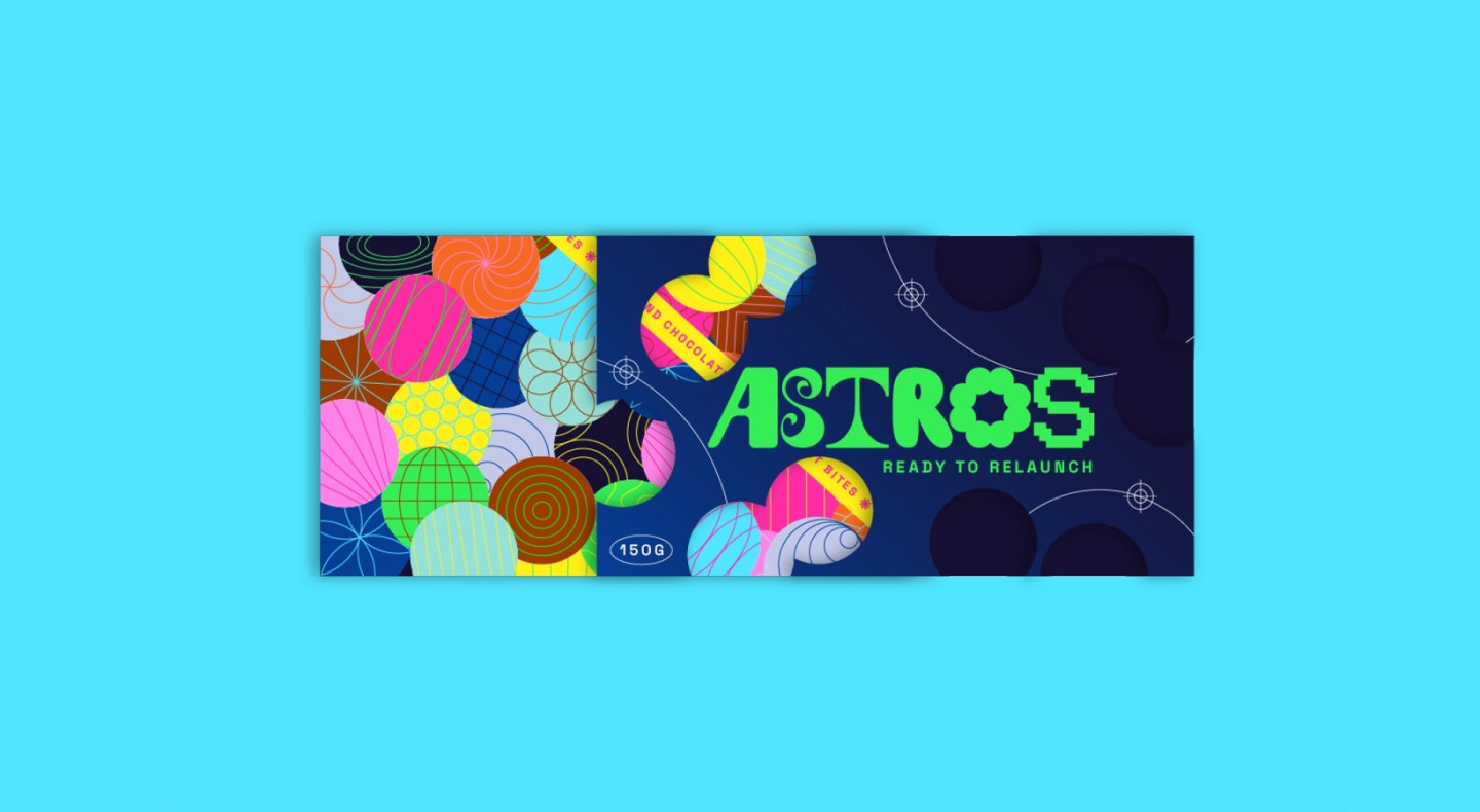 Bright and playful mockup of packaging design for a candy company called 'Astros' inspired by the graphic design trend chaotic maximalism.