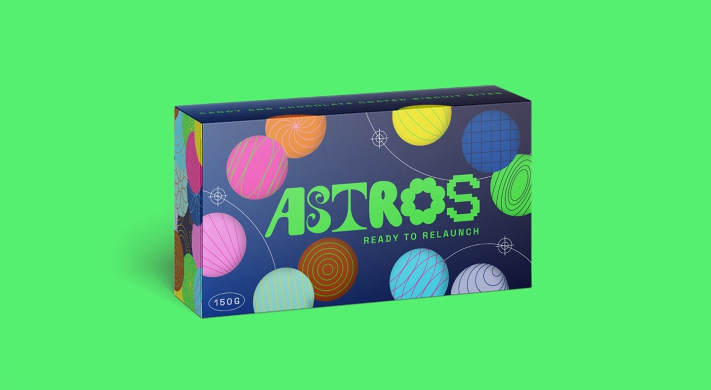 Bright and playful mockup of a packaging for a candy company inspired by the graphic design trend chaotic maximalism.