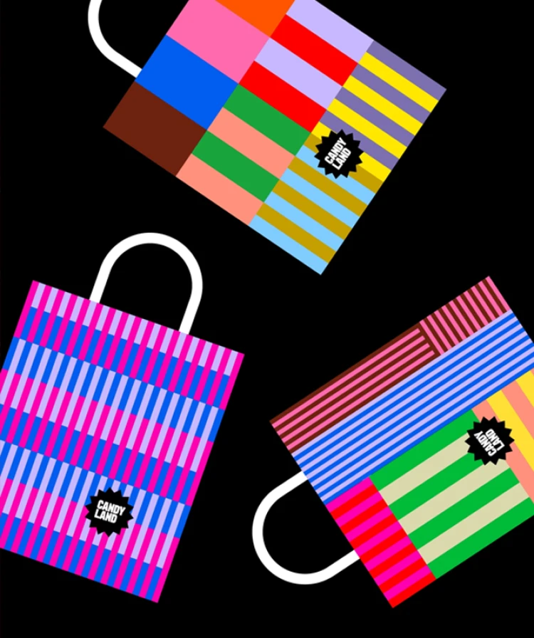 Bright and playful mockup of carrier bag design for a candy company inspired by the graphic design trend chaotic maximalism on a black background.