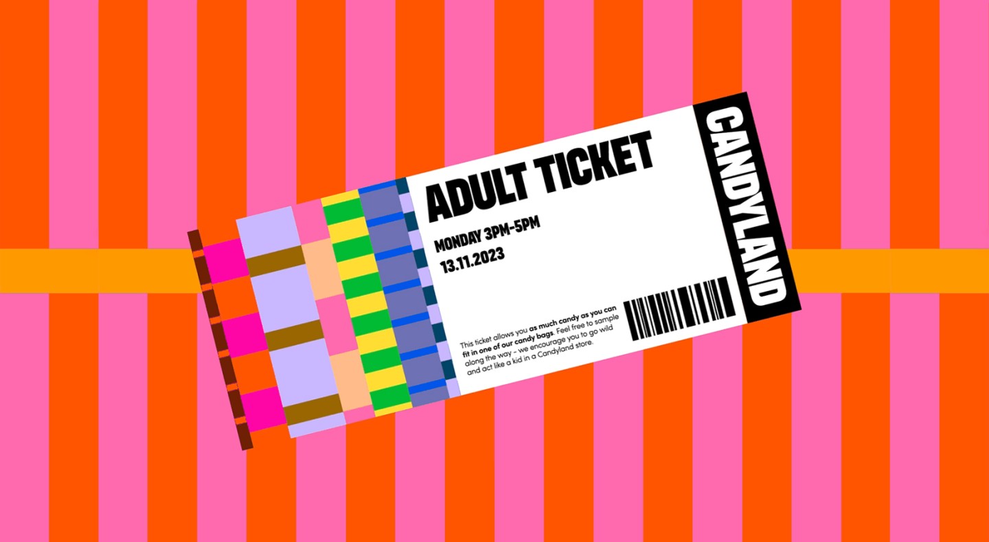 Bright and playful mockup of a 'Golden ticket' to a fantasy place called candyland for a candy company inspired by the graphic design trend chaotic maximalism.