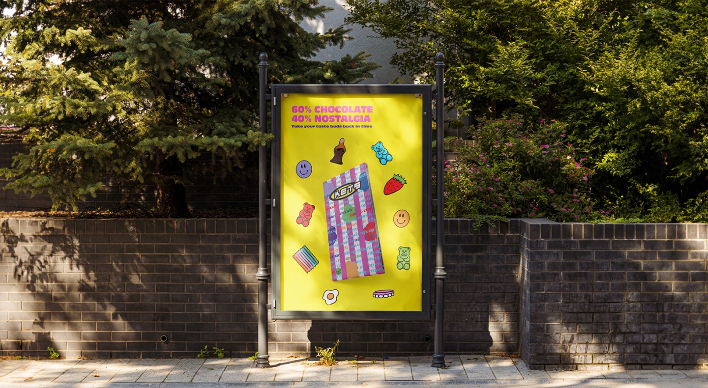 Graphic mockup poster for candy packaging based around the design trend of chaotic maximalism.