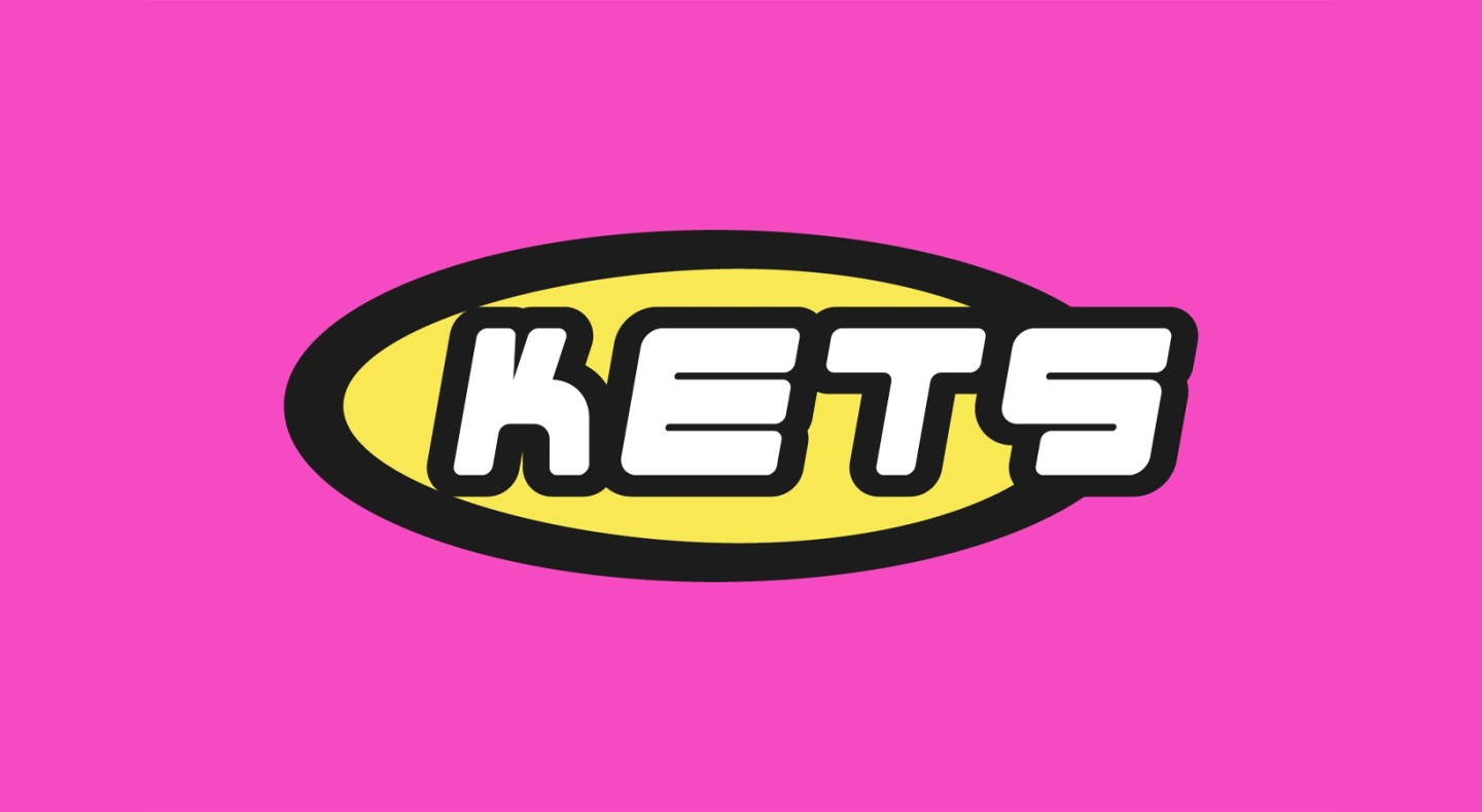 'KETS' retro logo design inspired by the chaotic maximalism design trend on a fuchsia background. 