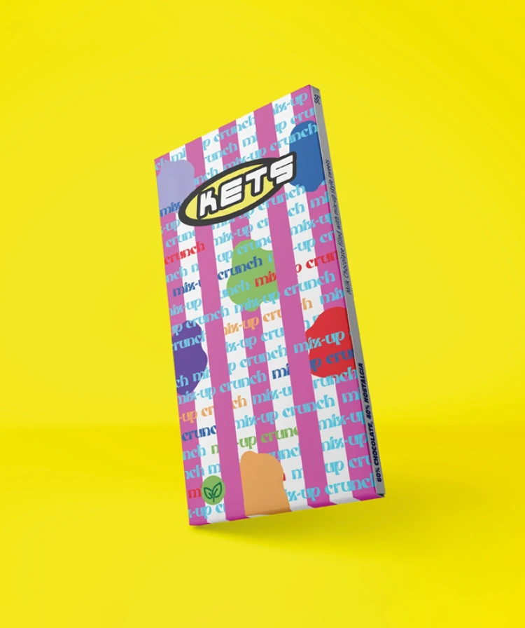 'KETS' retro packaging design based around the graphic design trend chaotic maximalism featuring stripes, spots and overlayed text alongside the logo. The background is a contrasting yellow colour.