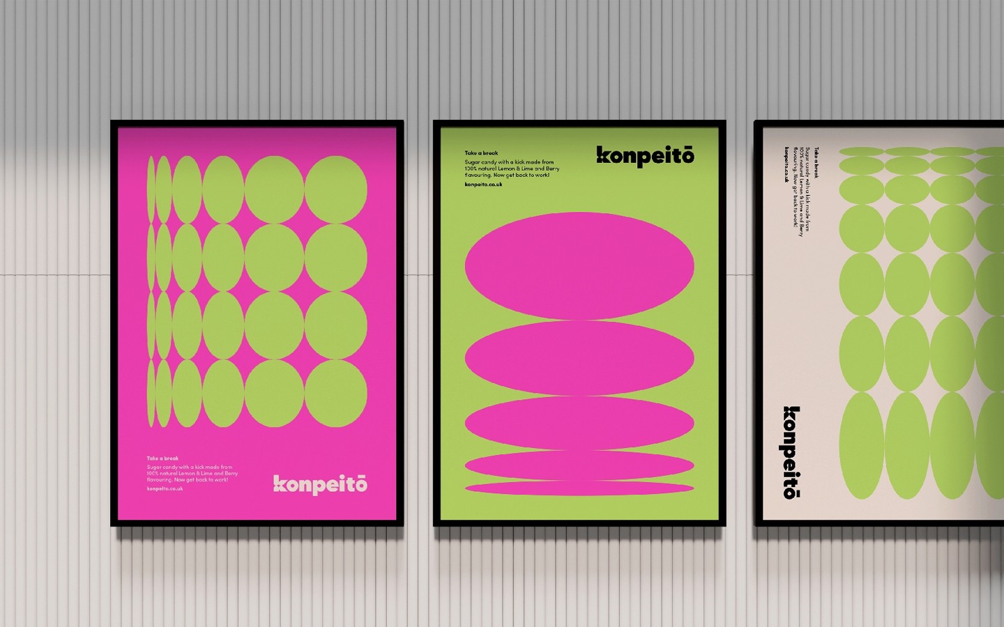 Mockup of a graphic poster design for a fun and playful candy company called Kompeito. 