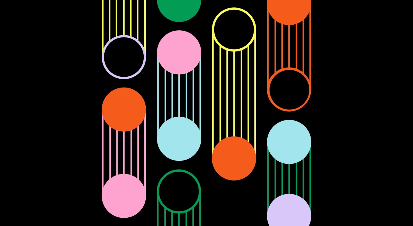 Abstract design on a black background featuring colorful circles connected by vertical lines, arranged in a grid-like pattern.