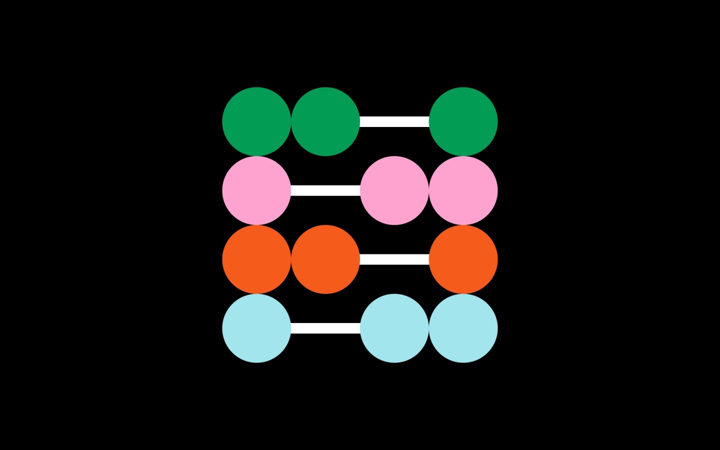 Black background featuring vibrant coloured circles arranged to resemble an abacus. 