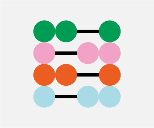 Grey background featuring vibrant coloured circles arranged to resemble an abacus.