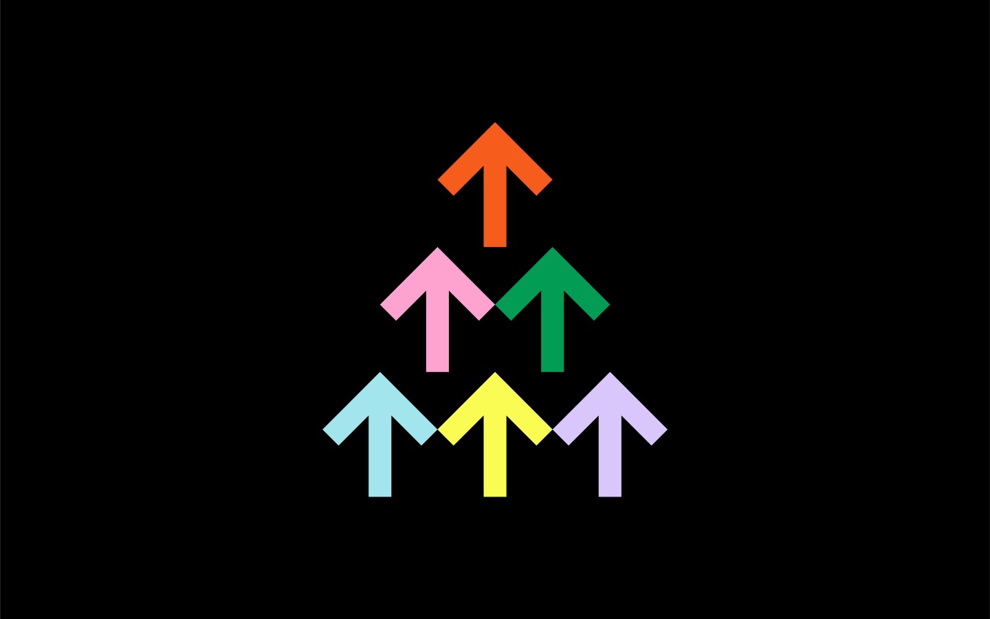 Graphic illustration of 6 simple arrows pointing upwards in a triangular formation, each of the arrows is a different colour and is displayed on a flat black background.