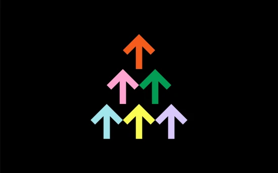 Graphic illustration of 6 simple arrows pointing upwards in a triangular formation, each of the arrows is a different colour and is displayed on a flat black background.