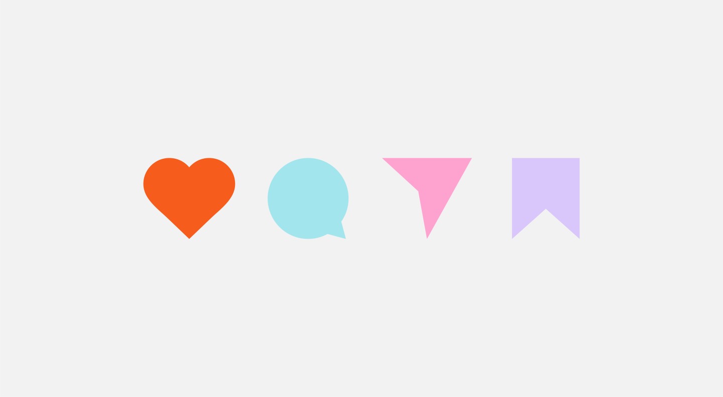 Graphic illustration of 4 icons representing different engagement icons often seen on social media such as 'like', 'comment', 'send' and 'save' on a grey background in different colours.