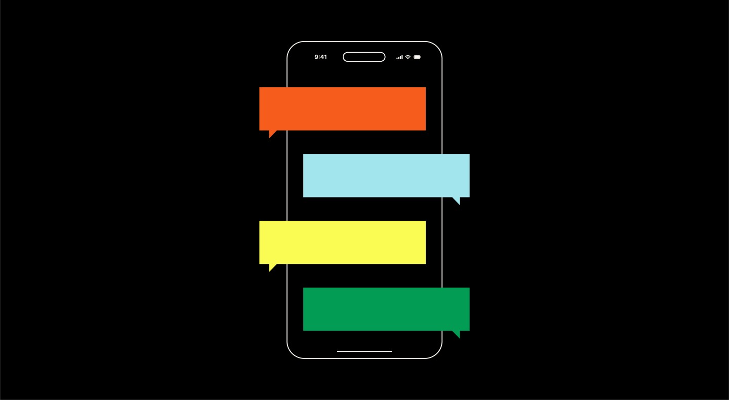 Graphic illustration of a phone with 4 speech bubbles with square corners overlayed in different colours on a black background.