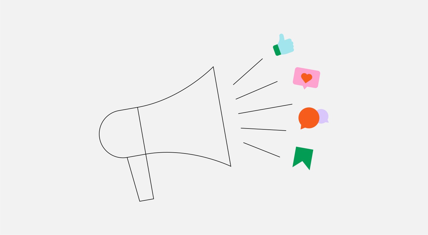 Graphic illustration of a megaphone in a simple line style, to the right are various illustrations of different social media engagement icons.