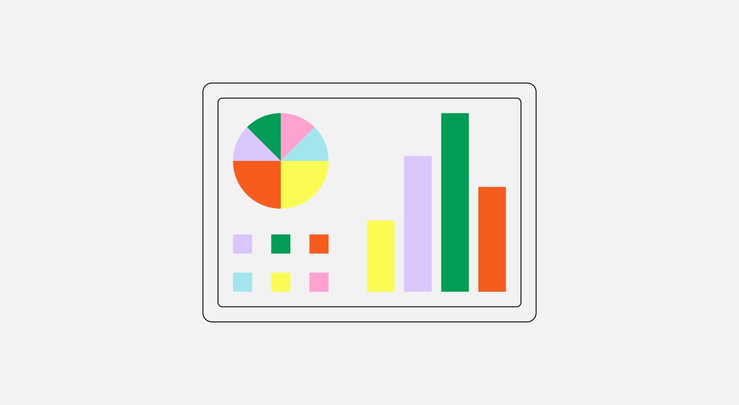 Graphic illustration representing an analytics dashboard on a computer tablet, the dashboard features a range of graphs and charts in a range of colours on a grey background.