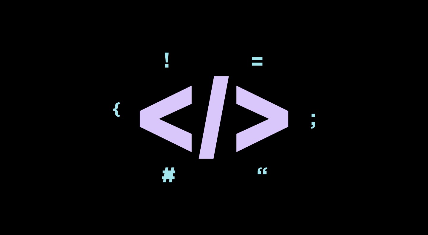 Graphic illustration of various different symbols used within website development including greater that, less than and forward slash in purple with smaller icons surrounding.