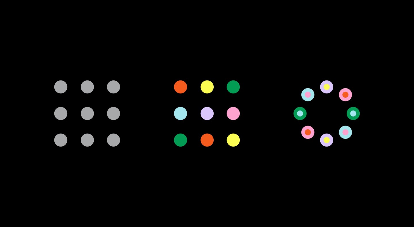 Illustration of multi coloured dots changing formation