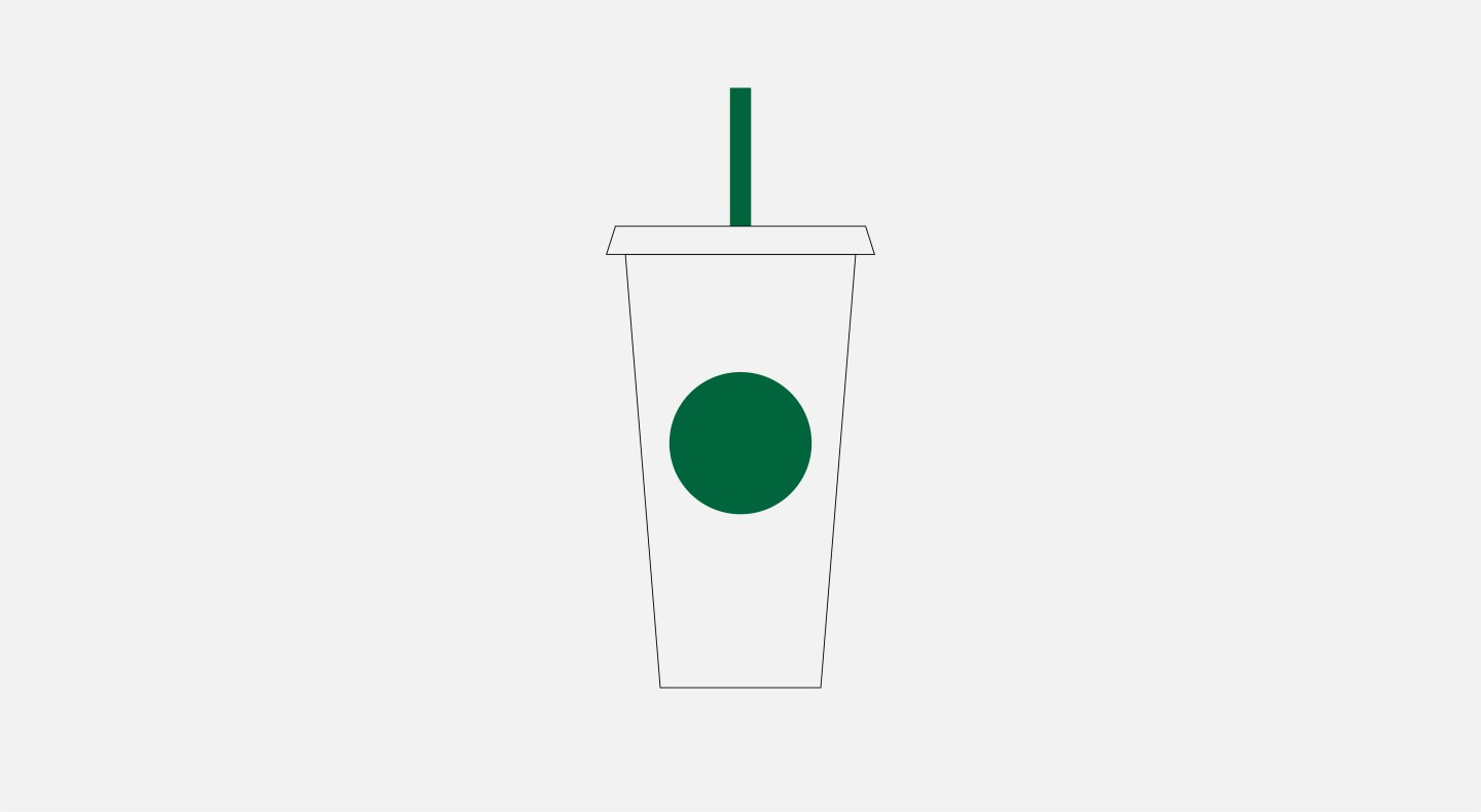 Graphic illustration of reusable coffee cup with green circle and green straw, representative of a famous global coffee and drinks brand.