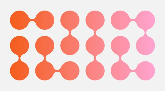 Graphic illustration of a range of circles in a uniform formation with a range of connections between the different circles. The colours of the circles fade from orange into pink from left to right and sit on a grey background.