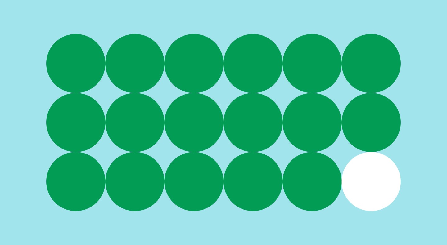 Illustration of 16 circles that touch on a light blue background, one of the circles has no colour while the others are a green colour.