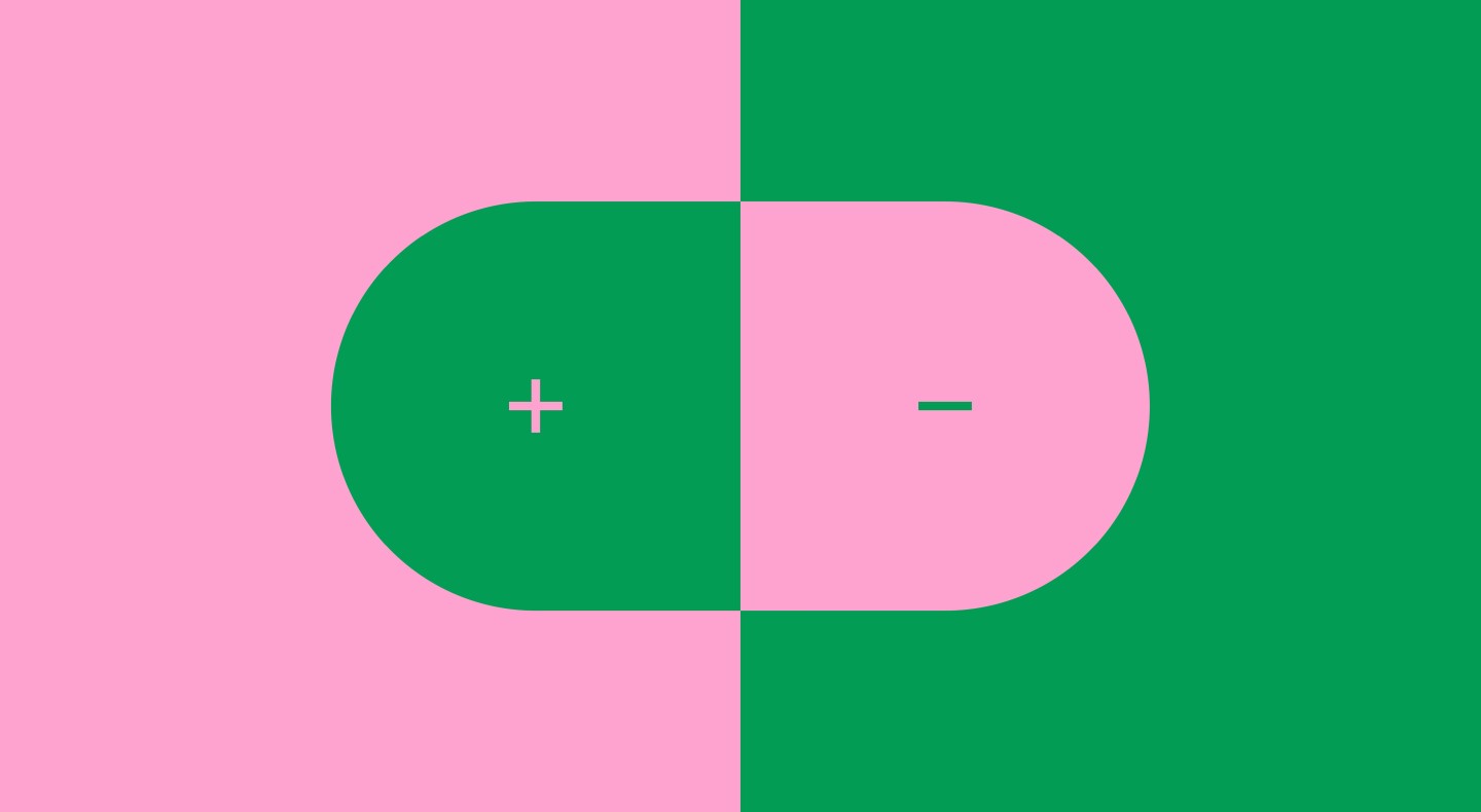 Graphic illustration of a magnet in green and pink, the negative space behind is split and contrasts the magnet.