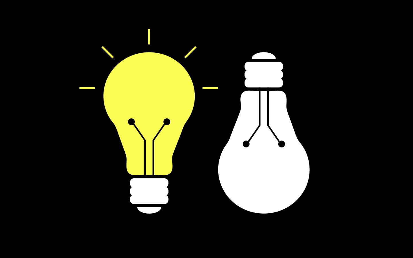 two light bulbs, on and off, one upside down on a black background