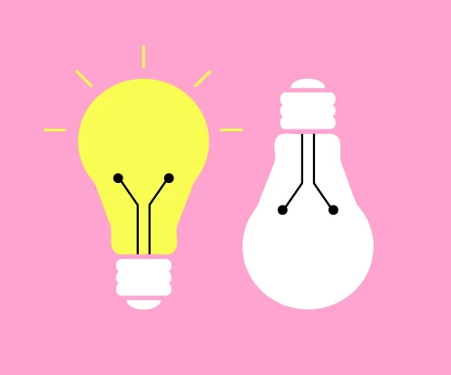 two light bulbs, on and off, one upside down on a pink background