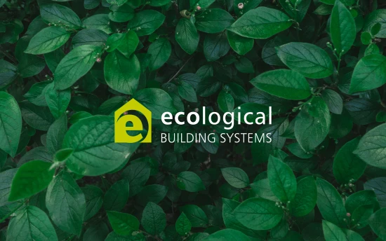 Ecological Building Systems logo design of home and the letter e on top of greenery