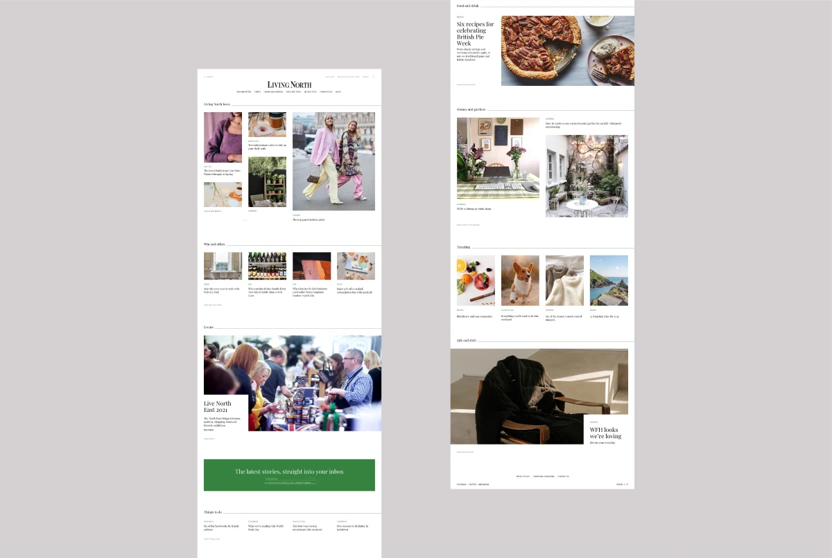 website design mockup showing wholepages of design with multiple panels and imagery of feature-style photos