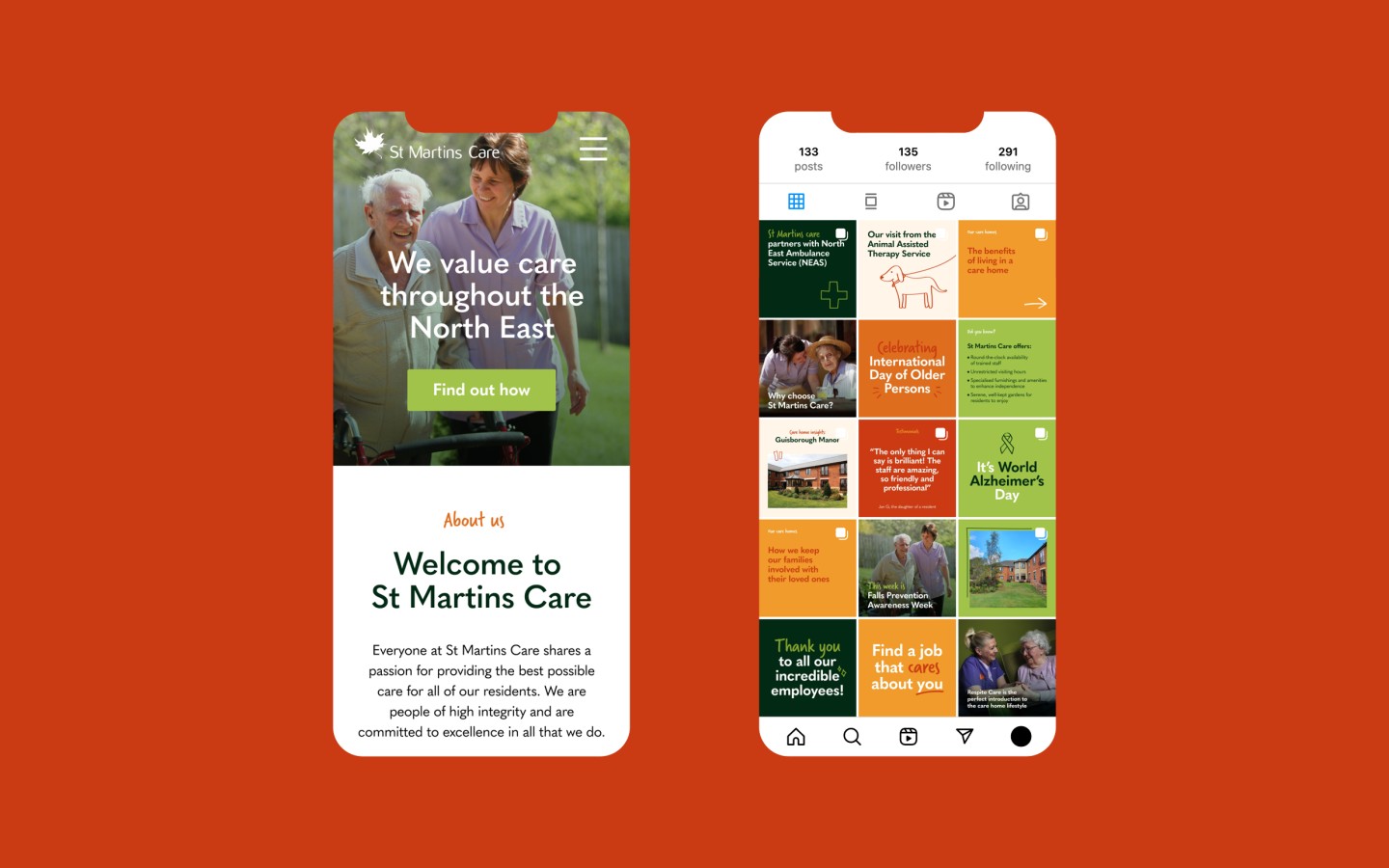 st martins care website and social media branded design